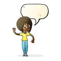 cartoon woman waving with speech bubble