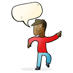 cartoon happy man pointing with speech bubble