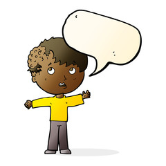 cartoon boy with growth on head with speech bubble