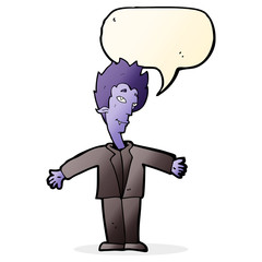 cartoon happy vampire with speech bubble