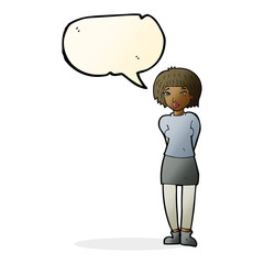 cartoon shy woman with speech bubble