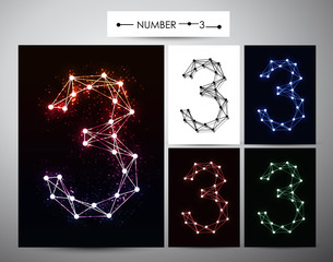Molecule Number  "3" Trendy alphabet fonts of sparkling brilliants, vector illustration.