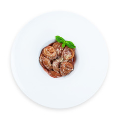 Red beetroot ravioli with blue cheese filling