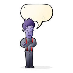 cartoon happy vampire man with speech bubble