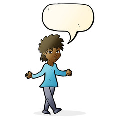 cartoon woman shrugging shoulders with speech bubble