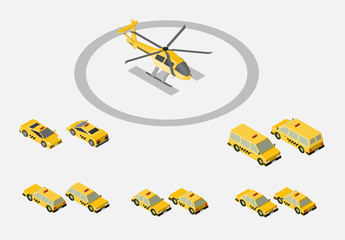 A set of isometric cars taxi and the helicopter