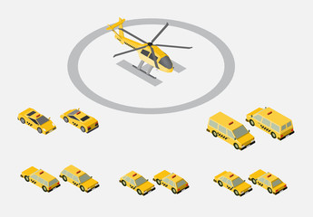 Obraz premium A set of isometric cars taxi and the helicopter