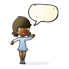 cartoon woman waving with speech bubble