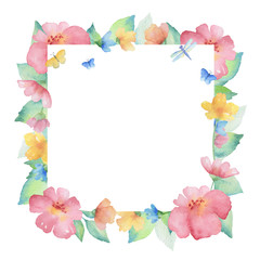 Watercolor square frame of colorful flowers.