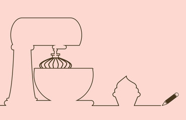 Continuous line drawing of cake mixer and cup cake vector.