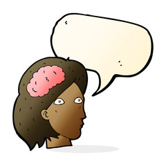 cartoon female head with brain symbol with speech bubble