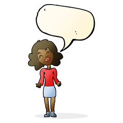 cartoon woman shrugging shoulders with speech bubble
