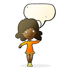 cartoon friendly woman waving with speech bubble