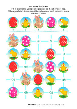 Easter holiday themed picture sudoku puzzle 5x5 (one block). Answer included.
