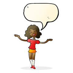 cartoon woman taking praise with speech bubble
