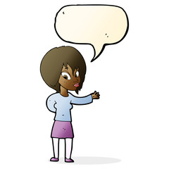 cartoon woman making welcome gesture with speech bubble