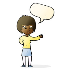 cartoon welcoming woman with speech bubble