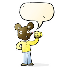 cartoon mouse holding cheese with speech bubble