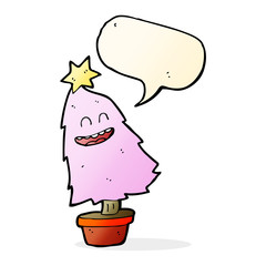 cartoon dancing christmas tree with speech bubble
