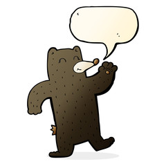 cartoon waving black bear with speech bubble