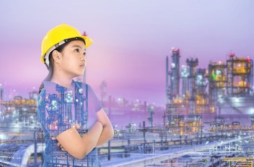 Multi exposure of young lady with refinery industrial plant