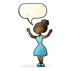 cartoon woman with raised arms with speech bubble