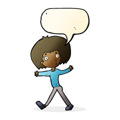 cartoon surprised man walking with speech bubble