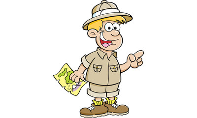 Cartoon illustration of a boy dressed as an explorer and pointing.
