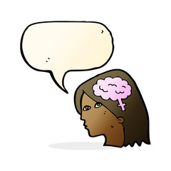 cartoon female head with brain symbol with speech bubble