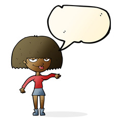 cartoon smug woman making dismissive gesture with speech bubble