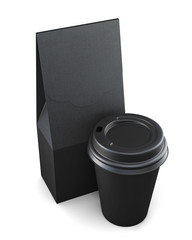Black paper bag and Cup on a white background.  3d rendering