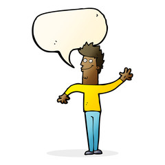 cartoon happy waving man with speech bubble