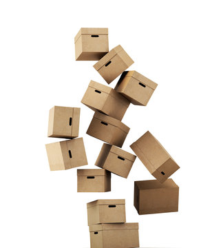 Flying a cardboard box isolated on white background. 3d renderin