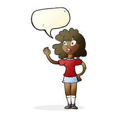 cartoon worried woman waving with speech bubble