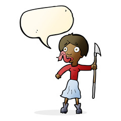 cartoon woman with spear sticking out tongue with speech bubble