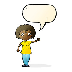 cartoon happy woman pointing with speech bubble
