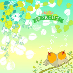 Hello Spring Background with Hand Drawn Leaves and Birds Chirping.