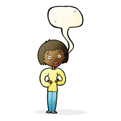 cartoon woman gesturing at self with speech bubble