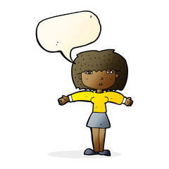 cartoon woman shrugging shoulders with speech bubble