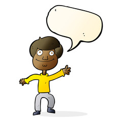 cartoon happy man waving with speech bubble