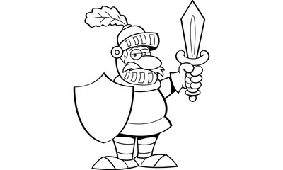 Black and white illustration of a knight holding a sword and a shield.
