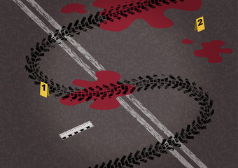 Tire on asphalt and road markings in the form of dollar. Business crash concept illustration