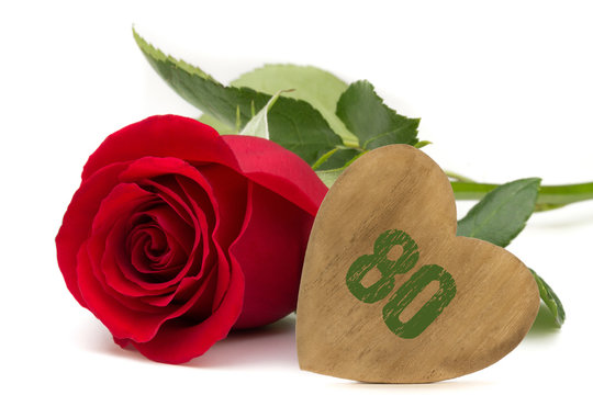 rote Rose mit Holzherz Jubil&auml;um 80