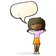cartoon woman raising arms in air with speech bubble