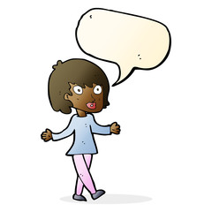 cartoon woman with open arms with speech bubble