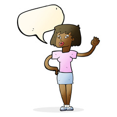 cartoon woman waving with speech bubble