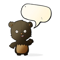 cartoon waving black bear cub with speech bubble