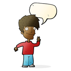 cartoon man giving peace sign with speech bubble