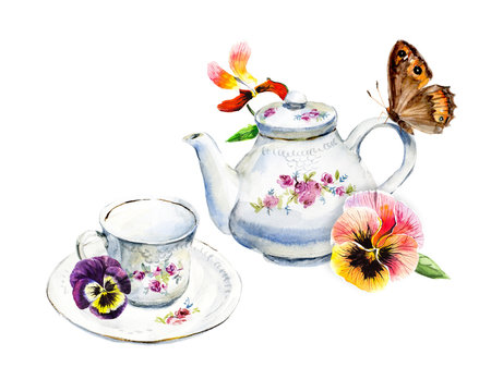 Tea Time. Butterfly and violets. Invitation to tea drinking. Watercolor hand drawn illustration. 