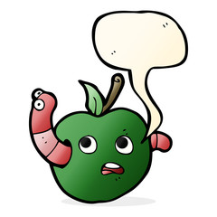 cartoon worm in apple with speech bubble